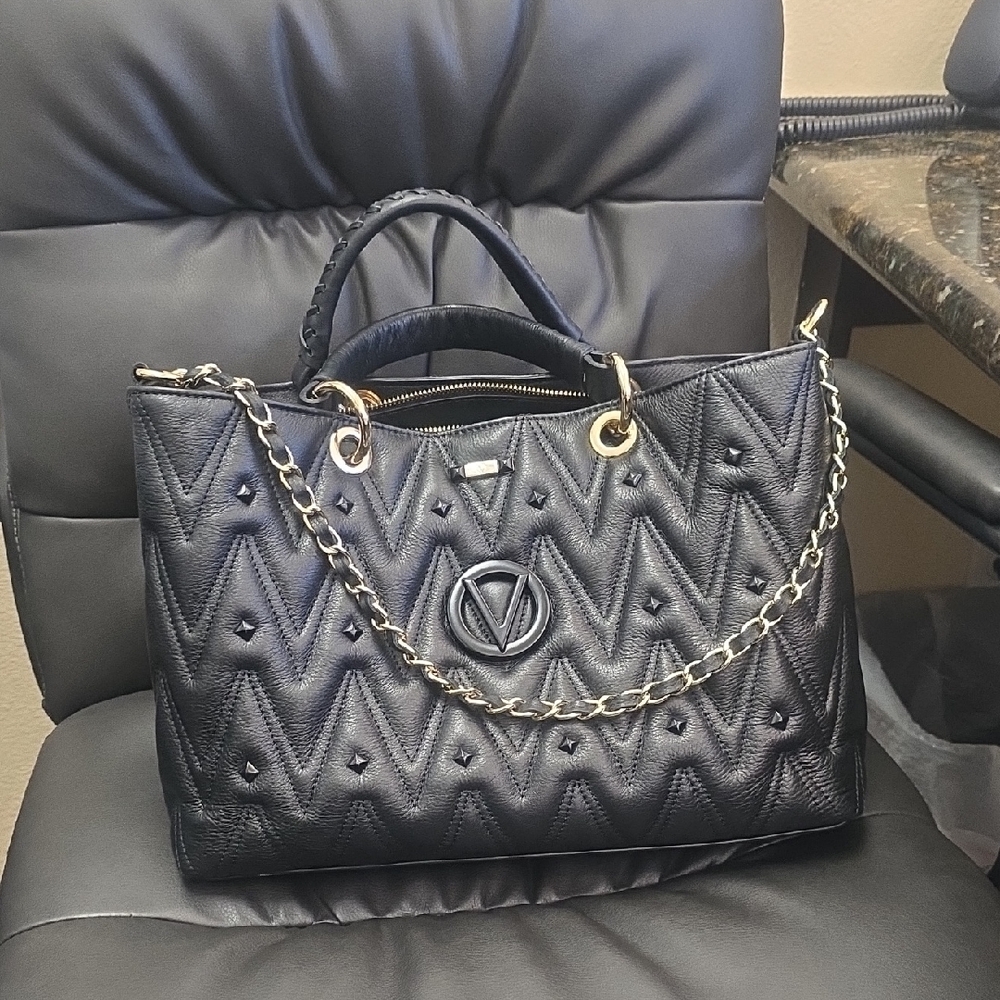 Valentino By Mario Valentino Black Chevron Satchel with Gold Chain